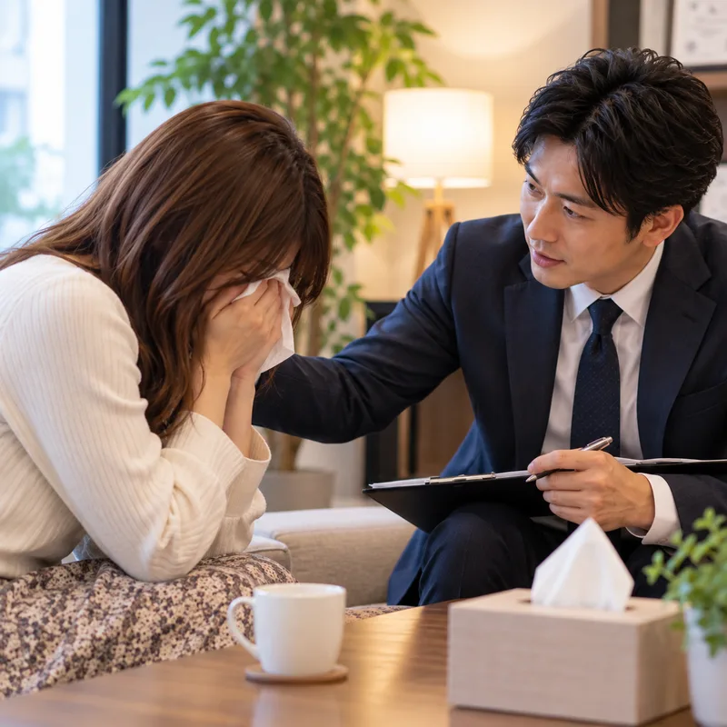 涙ぐむ相談者に寄り添いアフターフォローするスタッフ